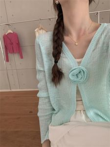 Mint Green Summer Lightweight Knitted Cardigan Womens Ice Silk Shawl Top Mesh Outerwear Korean Style Long Sleeve V-Neck