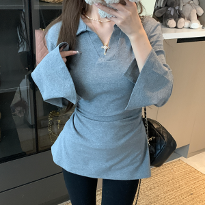 Áo Thun Nữ Tay Dài Cổ Chữ V Ôm Eo Kiểu Pháp Cỡ Lớn Thời Trang Thu Đông Đa Năng Áo Sơ Mi Cơ Bản