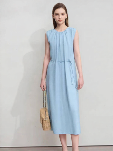AMII | Casual Loose Summer Dress Round Neck Sleeveless with Beads and Belt Rope Linen