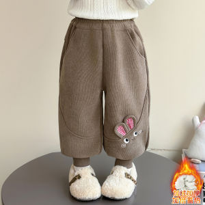 Thickened Fleece Girls Casual Pants Autumn Winter Style Rabbit Ear Design Warm Comfortable Childrens Clothing Kids Trousers