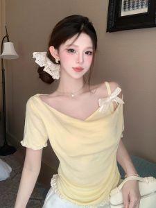 GUZILIAN | Sweet Butterfly Bow Tie Short Sleeve Fake Two-Piece Patchwork Womens Summer New Pure Desire Swing Neck Slim Fit Top Casual Style Polyester Fiber