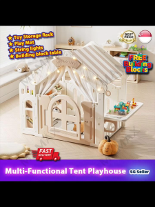 【🔥Top Seller】Premium Multi-Functional Kids House Tent Set With Play Mat★Indoor Playhouse with String Lights➕Toy Rack➕FREE Building Blocks➕Building Blocks Table✅