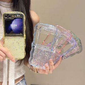 3D Wave Drip Glue Glitter Star Sequins Fold Clear Case For Samsung Galaxy Z Flip 7 6 5 4 3 Cute Arc Curly Edge Shockproof Cover