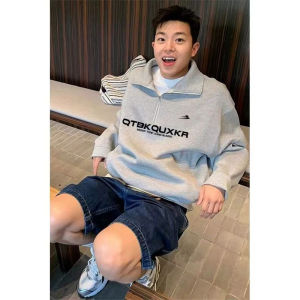 เสื้อฮู้ดคอตั้งพิมพ์ลายตัวอักษรแบบมีซิปครึ่งตัวหนาสำหรับผู้ชายในฤดูใบไม้ร่วงและฤดูหนาว เสื้อคลุมกันหนาวแบบสวมหัว