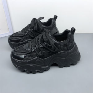 รองเท้าผ้าใบหนังแท้สำหรับผู้หญิง ส้นหนา สบายๆ น้ำหนักเบา รองเท้าผ้าใบทรงหัวมน สไตล์ลำลอง สีดำ รองเท้าผ้าใบพื้นหนาสำหรับผู้หญิง