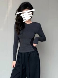 Fancy Color-Block Crew Neck Long Sleeves T-shirt Female 2024 Fall and Winter New Arrival Silm Slim Looking Western Style Shirt Tops Fashion