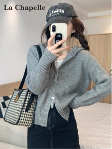 La Chapelle | Gray Double Zipper Hooded Knit Cardigan Short Jacket Women