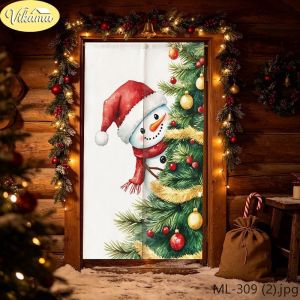 VIKAMA Christmas Watercolor Snowman Hiding Tree Door Curtain White Background Claus Hat Scarf Peeking Ornament Gold Ribbon Soft