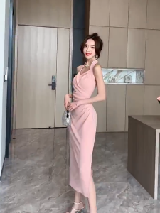 pink cocktail dress formal long dress for woman casual korean halter off shoulder dress with slit L