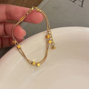 Gold Double Layer Small Square Titanium Steel Bracelet Womens Ins Cold Style Non-fading Unique Design Stackable Hand Jewelry