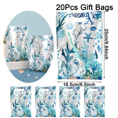 10/20/50pcs Blue Ocean Theme Plastic Gift Bags Coral Reef and Marine Life Designs Candy Packing Bags for Under the Sea Party
