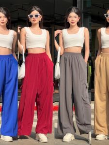 กางเกงคาร์โก้ผู้หญิง เอวสูง มีกระเป๋าหลายช่อง มีให้เลือก 10 สี เอวฟรีไซต์ยางยืด ผ้าลินินนุ่มส่สบาย K9189