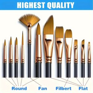12pcs Professional Artist Paint Brush Set for Oil Acrylic Watercolor Gouache Painting - Various Shapes Durable Synthetic Tips