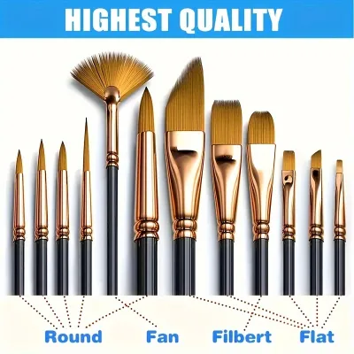 12pcs Professional Artist Paint Brush Set for Oil Acrylic Watercolor Gouache Painting - Various Shapes Durable Synthetic Tips