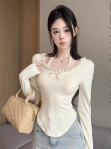 Long Sleeve Thermal T-Shirt Womens Short Style Inner Wear Butterfly Knot Dervo Lace Top Sweet Japanese Style U-Neck Winter Ins