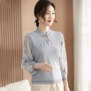 Ice Silk Thin Sleeve Flag Dress Collar Knitted T-Shirt Top for Middle-Aged And Elderly Women Fashionable Loose Fit Vintage Pattern
