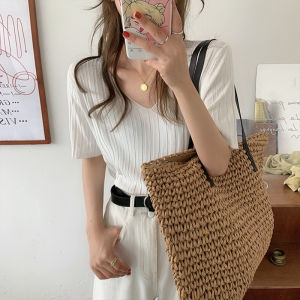 Women's Basic Plain V-neck Short Sleeve Knitted Ice Silk Blouse