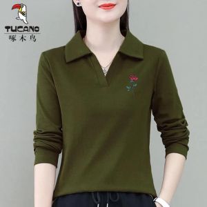 Woodpecker Long Sleeves T-Shirt 2024 Spring & Fall New Arrival Pure Cotton Silm Bottoming Shirt Western Style plus Size Polo Collar Top T-shirt