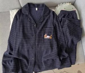 Embroidery Dog Vintage Plaid 2 Piece Suit Pyjama Femme Korean Style Casual Soft Fashion Womens Pajamas Autumn New Sleepwear