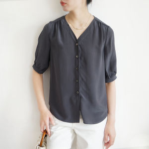 Silk Chiffon Short Sleeve V-Neck Pure Color Simple Shirt