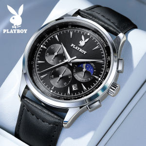 นาฬิกาเพลย์บอยสำหรับผู้ชายของแท้กันน้ำ2025แฟชั่นลำลองสายหนังนักธุรกิจโครโนกราฟนาฬิกาสำหรับผู้ชายปฏิทิน