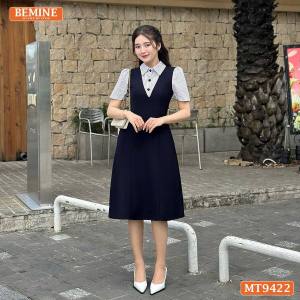 Đầm thiết kế BEMINE cổ sơ mi dáng chữ A giả yếm phù hợp đi làm đi dạo phố-MT9422