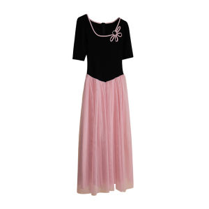 Elegant French Style Flower Square Neck Waist Accent Mesh Long Dress