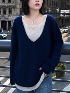 QINGNAER | Fashion Unique Big Size Two-tone Loose Fit Knitwear