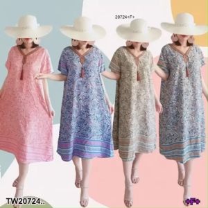 TW20724 เดรสผ้าพิมพ์ลาย ทรงเอนิดๆ ..