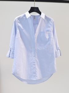 Brand Discount Womens Long Sleeve Shirt Single Pocket Vertical Stripes Spring Autumn Korean Style Commute Wind Button Splice