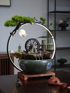 Rural Style Waterwheel Decoration Ceramic Fountain Office Opening Gifts Living Room Decorative Accessories Feng Shui Water Wheel
