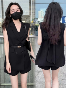 Shalldoer | Ladies Commute Suit Set Thin Straight Leg Short Pants Two-Piece Pure Color Vest Top Summer Workwear Casual Business Outfit