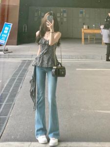 กางเกงยีนส์ทรงขาบานเอวสูงสไตล์ย้อนยุคสำหรับผู้หญิง กางเกงขายาวทรงสลิมฟิตยืดหยุ่น ทรงขาบาน ใส่ได้ตลอดทั้งปี