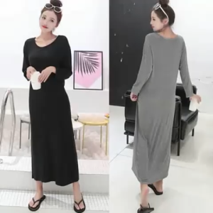 Women Long Dress Home Wear Loose Base Plain Modal Long-Sleeved Long Skirt Female Outer Wear Long Dress Big Size