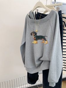 Gray Shoulder-baring Fleece-lined Thickened Sweatshirt Womens Autumn Winter Spring New Style Correct Shoulder High-grade Feeling Capless Top