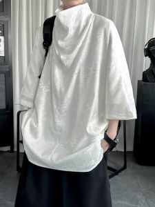 New Chinese Style High Collar Cool Feeling Ice Silk T-Shirt Men Summer Small Designer Style National Trend Dark Pattern Embroidery Eighteen Short Sleeve