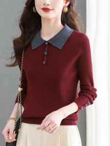 เสื้อสเวตเตอร์ถักคอตุ๊กตาสีแดงหรูหราสำหรับผู้หญิง ฤดูใบไม้ร่วง/ฤดูหนาว เสื้อชั้นในสีพื้น เสื้อคลุมยาวปานกลาง แขนยาว ปกติ