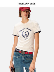 BEIQIANI | Navy Stripe Ruffle Waist T-Shirt