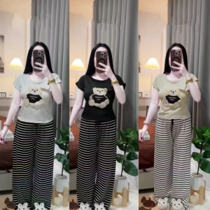 Summer embroidered bear short-sleeved striped straight-leg wide-leg pants set of two pieces