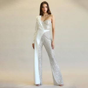 Fashion Silver Sequin Single Shoulder High Waist Wide Leg Jumpsuit 2024 New Womens Clothing Chlorine Fiber Long Pants