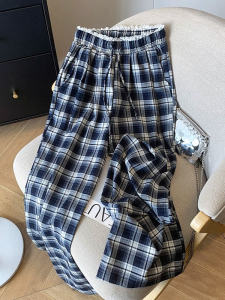 กางเกงขายาวทรงตรงเอวสูงลายสก็อตสไตล์ย้อนยุคสำหรับผู้หญิง กางเกงขายาวทรงหลวมสบาย ๆ ฤดูร้อน 2025 ดีไซน์ใหม่