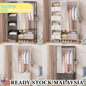 HOMECO Simple Bedroom Organizer Hanger Rack Hostel Floor Standing with Curtain Clothes Hanger Rak Pakaian Almari Baju