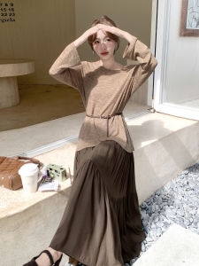 Caramel French Gentle Style Knitted Top And Skirt Set Womens 2025 Autumn New Half-length Skirt Two-piece Set Casual Loose Fit