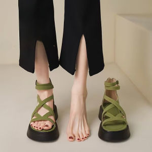 รองเท้าแตะส้นหนาทอพื้นรองเท้าหนามีซิปด้านหลังสำหรับผู้หญิง2023ฤดูร้อนใหม่รองเท้าแตะโรมันฟองน้ำ