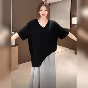 Áo thun nữ BINKAFENNY tay ngắn cổ chữ V màu đen dáng rộng thoáng khí