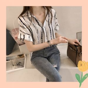 เสื้อเชิ้ตคอวีลายทาง เสื้อทรงหลวมผู้หญิง 👕 แมทช์สามารถเข้ากับกางเกงขาสั้นหรือขายาวได้หมด