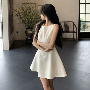 SUSIEYUAN | Đầm Đen Eo Dễ Thương Không Tay Phong Cách Trà Chiều Mùa Hè cho Phụ Nữ Bé