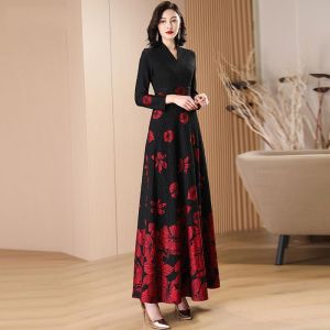 Spring Autumn Fashion Long Sleeve Black Print Dress Womens Long Ankle-Length 2025 plus Size Elegant Midi Dress Women