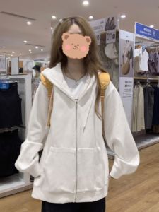 Pure Cotton White Hoodie Jacket Womens Spring Autumn Thin Oversize Vintage Loose Lazy Top Open Cardigan Trendy Korean Style