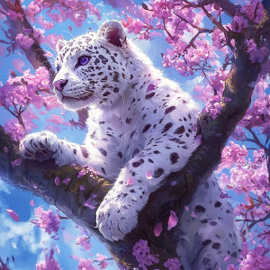Huacan Full Square Round Diamond Painting Cherry Blossom Branch Snow Leopard Diamond Mosaic Animal Art Decorative Paintings